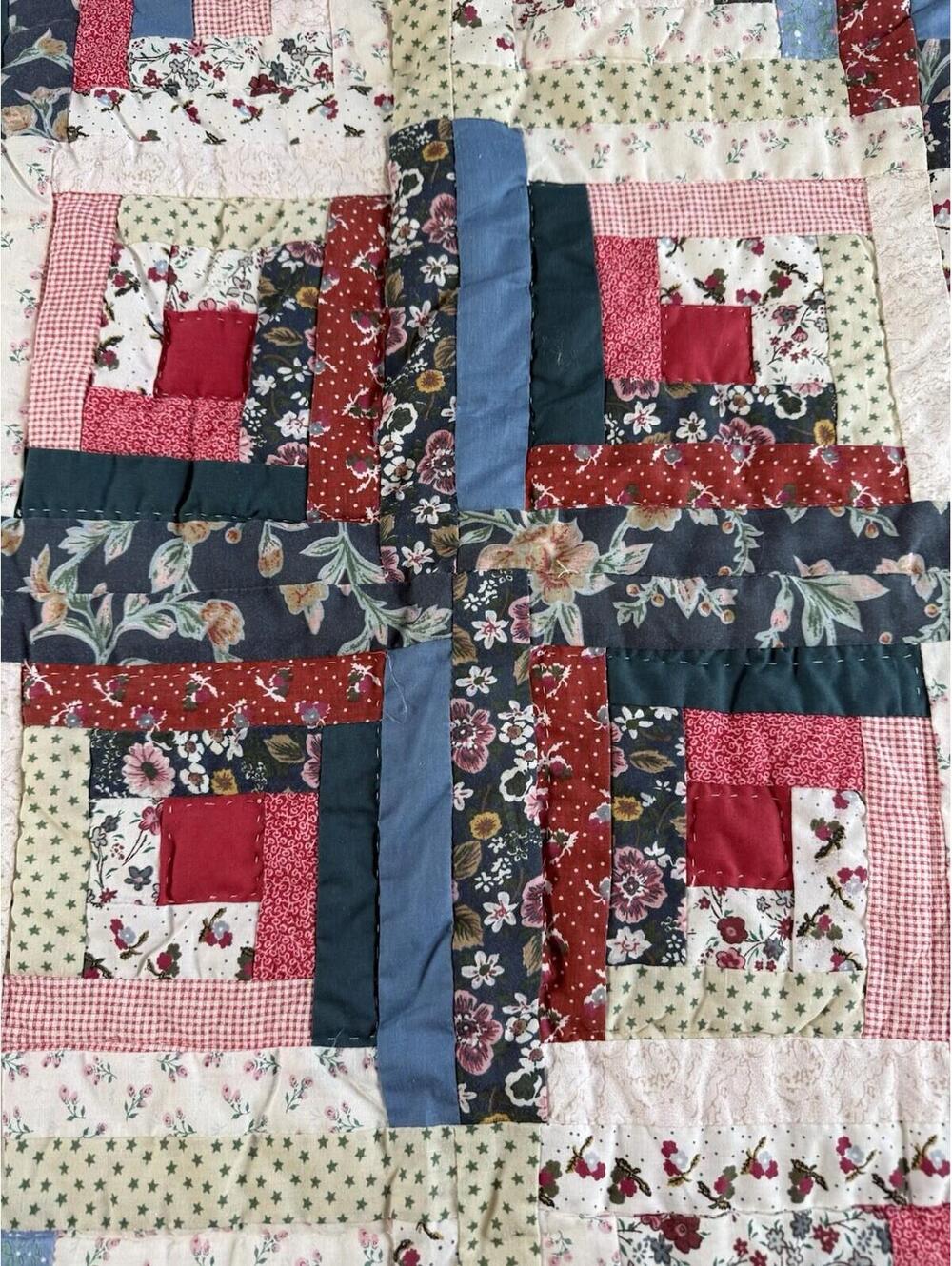 Vintage Log Cabin Quilt Wall Hanging Handmade Floral Patchwork 60x48 Cottagecore - Picture 3 of 9